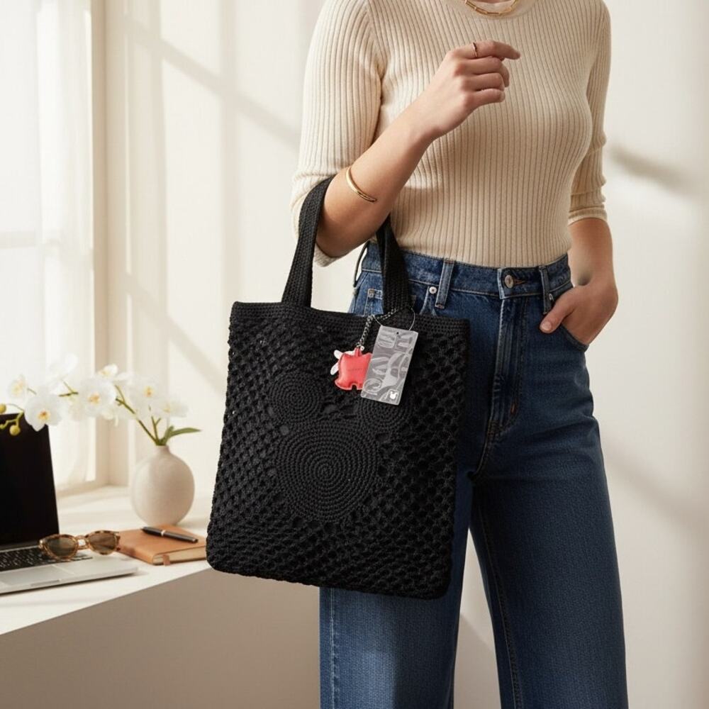 Disney Boxlunch Crochet Mickey Mouse Tote Bag NWT Sz M Black Disneyana Rare